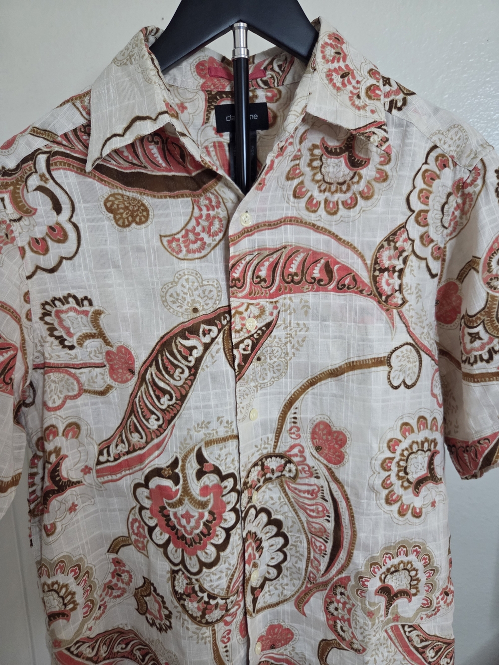 Claiborne Short-Sleeve Paisley Button-Down Shirt in Cream, Coral & Brown